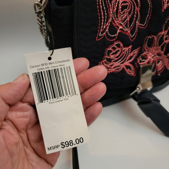 Vera Bradley Carson RFID Mini Crossbody fabric Classic Navy Floral embroidered - Picture 2 of 4